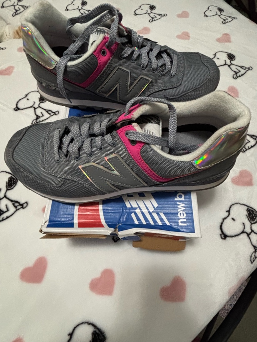 New Balance Gray Sneakers with Pink Accents and Iridescent Heel